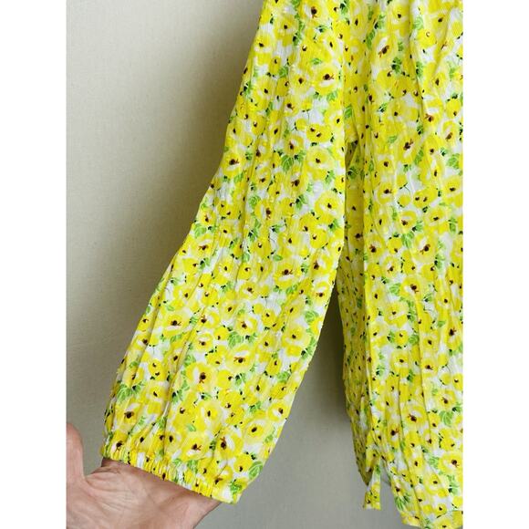 LOFT Yellow Floral Clip Tie Neck Blouse Ruffle Flowy Boho Large Peasant - Picture 3 of 14
